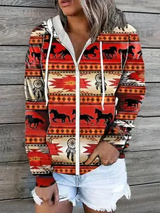 Close-up of women's zip-up hoodie featuring ethnic horse and dreamcatcher prints.