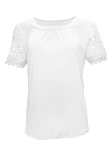 Close-up detail of women's white casual top with intricate floral lace sleeves