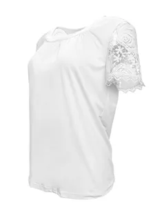 Side view of a white round neck T-shirt with intricate lace short sleeve detailing