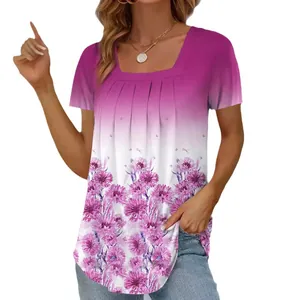 T-shirt donna sfumata viola con stampa floreale e scollo quadrato a pieghe estiva moda