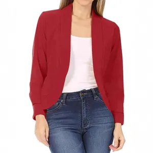 Chaqueta blazer roja abierta y elegante para mujer, ideal para la oficina o uso diario