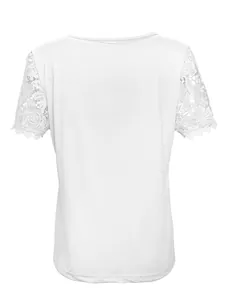 Back view of white casual short sleeve T-shirt with intricate lace crochet sleeves