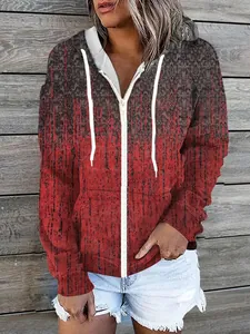 Women's vintage gradient zip-up hoodie with red and grey distressed pattern detail