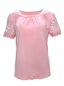 Detailed view of pink short sleeve t-shirt with delicate lace hollow-out floral sleeves