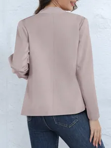 Back view of a dusty pink stand collar blazer for women in a modern fashion style.