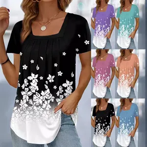 Damen Casual Eckiger Ausschnitt Plissee Kurzarm T-Shirt Farbverlauf Blumenmuster Sommer Mode Polyester Top Für Den Alltag