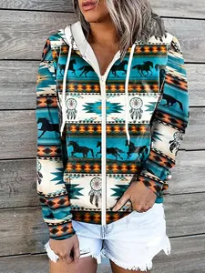 Stylish women's western style zip-up hoodie with horse and dreamcatcher print motifs