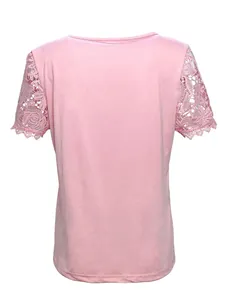 Back view of pink women's T-shirt featuring delicate lace short sleeves detail.
