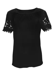 Detail of women's black round neck T-shirt featuring intricate lace sleeves.