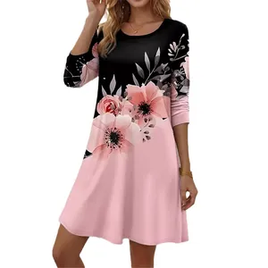 Robe élégante à manches longues et imprimé floral avec col rond pour mode décontractée