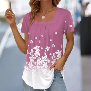 Modisches Damen-T-Shirt mit Blumendruck, quadratischem Ausschnitt und rosa Farbverlauf