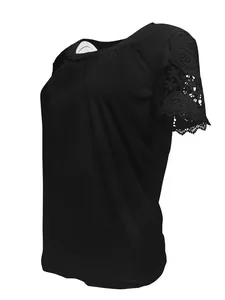 Detail view of black round neck T-shirt featuring intricate lace hollow-out short sleeves.