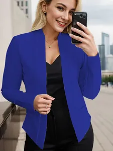 Front detail view of a stylish royal blue women's open-front blazer with pockets