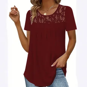 Women's burgundy short sleeve T-shirt with elegant lace neckline and pleated details