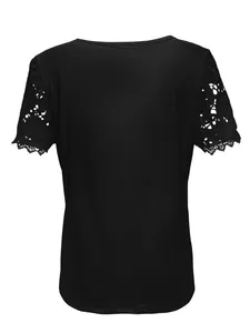 Back view of women's black round neck T-shirt with intricate lace patchwork sleeves
