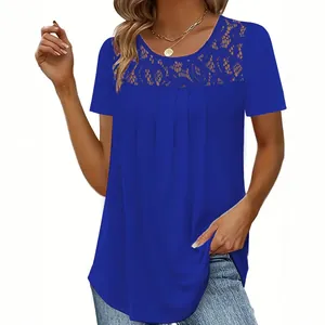 Casual women's short sleeve blue top with elegant lace hollow-out neckline design
