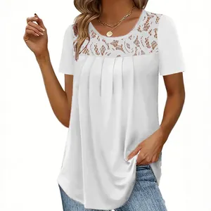 Elegant women's white short sleeve t-shirt featuring a delicate lace neckline design.