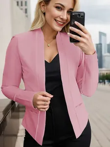Elegant pink open-front blazer jacket for women featuring functional side pocket details