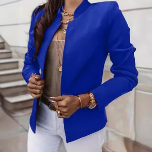 Fashionable solid cobalt blue long sleeve stand collar blazer for women streetwear