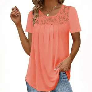 Elegant summer coral short sleeve top featuring floral lace neckline and chic pleated detail
