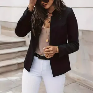 Stylish women's black long-sleeve blazer with a stand collar for a modern look