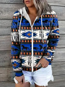 Detailed view of women's zip-up hoodie featuring tribal horse and dreamcatcher prints.