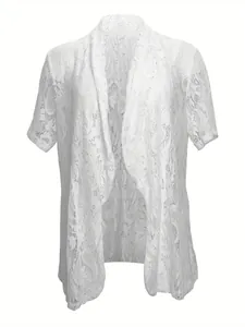 Elegant white floral lace short sleeve open front cardigan for women, perfect spring layer