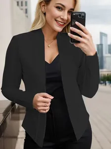 Professional black open-front blazer jacket for women, stylish urban commuter wear