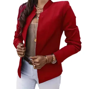 Elegant women's solid red stand-collar long-sleeved blazer jacket for professional wear.