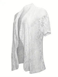 Elegant white floral lace short sleeve open front cardigan shrug for women's style