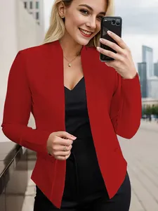 Sophisticated red women's open-front blazer jacket featuring stylish decorative pockets