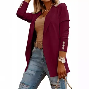 Elegante chaqueta blazer burdeos de manga larga para mujer con botones dorados de moda