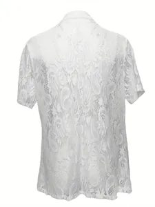 Elegant white lace short sleeve cardigan jacket for women with intricate paisley patterns