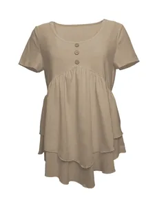 Túnica casual de color caqui con manga corta para mujer, tres botones y dobladillo con volantes