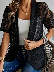 Elegant black lace short sleeve open front cardigan for women's stylish spring summer outfit