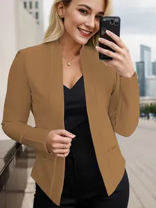 Professional view of a chic caramel open-front blazer with side pockets for women