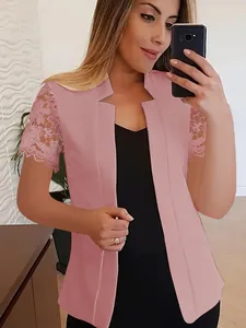 Chaqueta rosa elegante con mangas cortas de encaje para ropa de oficina