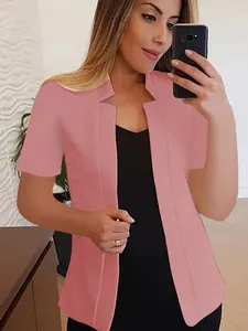 Professional pink short sleeve open front blazer for women's business casual style.