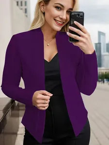 Stylish purple women's open-front blazer with functional pockets for a chic office look.