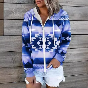 Stylish women's zip-up hoodie with vibrant blue geometric print design