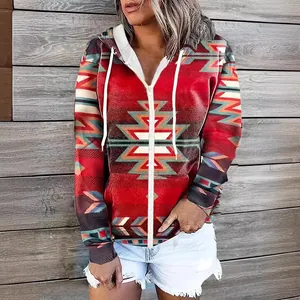 Women's ethnic geometric print long sleeve zip-up hoodie with hood and pockets
