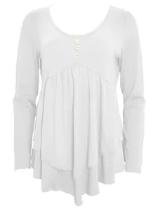 Detailed view of white long sleeve top with three buttons and ruffled tiered hem