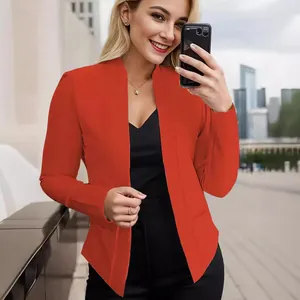 Professional red open-front blazer for women featuring a shawl collar and pockets.
