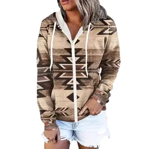 Women's long sleeve zip-up hooded sweatshirt with Aztec ethnic geometric print