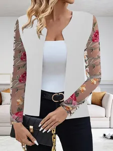 Dames Rose Floral Geborduurde Kanten Mouw Open Voorkant Blazer Elegante Polyester Mesh Mouw Vest Jas Top