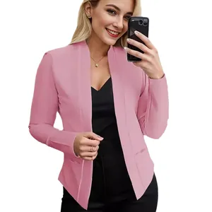 Stylish women's solid pink shawl collar blazer with functional pockets for casual wear