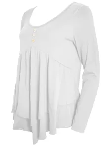Detail view of women's white long sleeve casual top with three decorative button accents