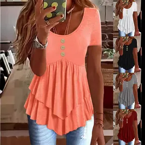 Camiseta Informal para Mujer con Volante Peplum Manga Corta Dobladillo con Volantes y Tres Botones Color Sólido Verano Poliéster