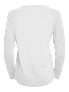 Detailed back view of a minimalist white casual fashion long-sleeved shirt for women