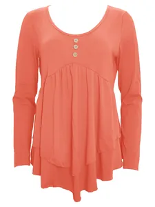 Coral long-sleeve casual tunic with three-button detail and a layered pleated hemline